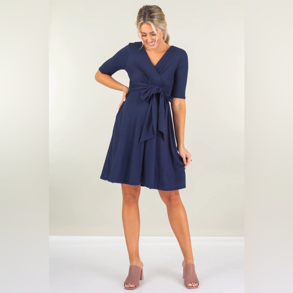 Mother Bee Maternity and Nursing Knee Length Dress with Tie Belt Navy